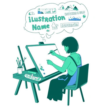 A teal artist is sitting at a wooden drafting table, actively sketching on a large white canvas. The artist has short black hair and is wearing a blue paint-splattered apron. Various art supplies such as brushes and color palettes are scattered across the table. Above the artist's head, there is a thought bubble that contains several different illustration name ideas, illustrated in a playful font. The thought bubble is filled with colorful sketches, depicting whimsical creatures and landscapes, reflecting the artist's imagination.