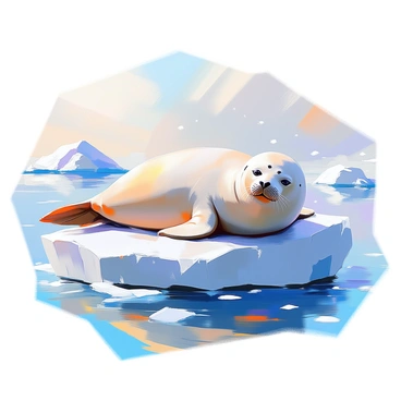 A resting seal with a smooth, sleek body and soft, spotted fur is lounging comfortably on a large, rugged piece of ice. The seal has its flippers tucked comfortably underneath it, with its head resting on the ice surface. The bright Antarctic sun casts shimmering reflections on the ice, enhancing the blue and white hues of the icy environment. Surrounding the seal, the vast expanse of the icy landscape stretches out, with small icebergs and snowflakes visible in the background, creating a tranquil yet vibrant atmosphere.