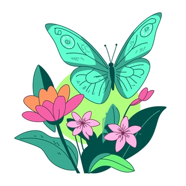 A teal butterfly with intricate clock faces on its wings is fluttering gracefully through a vibrant garden. The butterfly's wings display clear, detailed clock designs, with numbers and hands marking the time. Surrounding the butterfly, there are colorful flowers in full bloom, showcasing shades of pink and orange. Lush green leaves provide a natural backdrop, while soft sunlight filters through, illuminating the delicate features of the butterfly as it flits from flower to flower.
