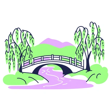 A riverside landscape features a small bridge arching over the water. The bridge has a slight curve and is made of wooden planks, with handrails on either side. On both banks of the river, several willow trees with long, flowing branches hang down towards the water, creating a natural frame around the scene. The river reflects the surrounding environment and has gentle ripples. In the background, rolling hills rise softly, adding depth to the composition. The overall scene is depicted in fine ink lines, highlighting the details of the trees, bridge, and flowing water.