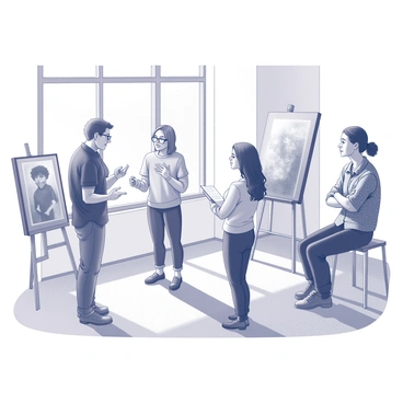 A group of four artists is gathered in a bright, spacious room. Each artist is standing or sitting near their individual artworks, which are displayed on easels or mounted on the walls. One artist, with short hair and glasses, is animatedly discussing their piece, gesturing towards it with excitement. Another artist, with long, flowing hair, is taking notes, focused intently on the conversation. The third artist, wearing a patterned shirt, looks contemplative while observing their peers. The fourth artist is leaning against a wall, arms crossed, listening carefully. Sunlight filters in through large windows, casting interesting shadows across the floor and highlighting the diverse styles of the artwork.