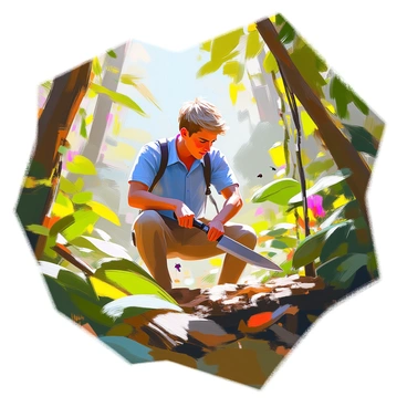 Tintin cutting through dense jungle foliage with a machete