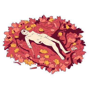 A rich forest floor covered with a thick layer of orange and red fallen leaves, creating a textured carpet. Among the leaves, there are various twigs and small rocks scattered throughout. In the center, a partially decomposed body is lying prone, its colors muted and blending into the earthy tones of the surrounding foliage. The body is partially obscured by the leaves, with some fungi growing nearby, enhancing the natural decay. Sunlight filters through the canopy above, casting soft shadows on the scene, highlighting the intricate details of the leaves and the body.