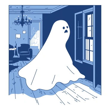A white ghost with a flowing, translucent form is drifting silently through an abandoned mansion. The ghostly figure glimmers softly as it moves, passing by cracked walls and dust-covered furniture. In the background, a shattered chandelier hangs from the ceiling, casting faint shadows over the worn wooden floorboards. Eerie, dim light filters through broken windows, illuminating the ghost's wispy edges as it glides gracefully along the corridor.