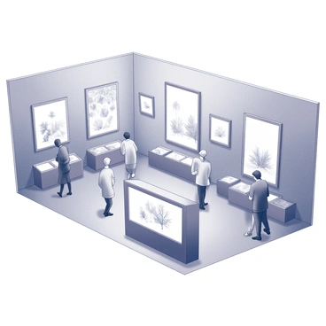 An exhibition space filled with various digital screens. Each screen displays "vibrant digital illustrations" that capture the attention of viewers. Interactive displays are set up throughout the area, allowing visitors to engage directly with the artwork. The space is well-lit, enhancing the visual experience of the illustrations on the screens. There are groups of people moving around, some stopping to admire the digital art, while others are interacting with the displays.