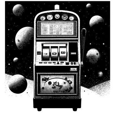 A vintage slot machine is prominently displayed in the foreground, featuring classic symbols such as fruits and lucky sevens. The machine has a metallic finish with intricate designs. Surrounding the slot machine is a backdrop filled with numerous planets of various sizes and textures, along with twinkling stars scattered throughout the scene. The overall composition emphasizes the whimsical connection between the slot machine and the vastness of space.