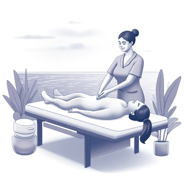 A person is lying on a massage table, covered in a layer of sea salt scrub. The setting is an outdoor spa located by the seaside, with gentle waves visible in the background. The individual's face is relaxed, indicative of enjoyment, and they have their eyes closed. A therapist is gently applying the scrub, using smooth, rhythmic motions. The therapist is dressed in a simple uniform, and a few beach towels are neatly arranged nearby. Tropical plants and flowers are strategically placed around the area, enhancing the tranquil atmosphere. The sky above is clear with a few soft clouds, and the distant ocean creates a serene backdrop.