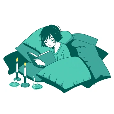 A teal emo teen with black hair is curled up in a cozy nook, immersed in reading a book. The nook is filled with soft, plush pillows in various shapes and sizes, creating a comfortable nest. Surrounding the teen are several flickering candles, casting a warm glow around the space. The book is held close, with the teen's expression reflecting deep concentration. The overall atmosphere is inviting, filled with the gentle flicker of candlelight and the softness of the pillows.