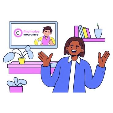 A happy customer with a bright smile is sitting in a cozy room while engaging in a video call. They have short brown hair and are wearing a casual blue shirt. On the screen, a logo of the brand is visible, showcasing a friendly design. The background features a few potted plants and a bookshelf, adding a warm and inviting atmosphere to the scene. The customer gestures expressively, reflecting their positive experience while sharing their thoughts.