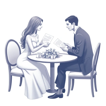 A couple sitting together at a small, elegantly decorated table. The woman has long, flowing hair, and she wears a beautifully designed wedding dress with intricate lace details. The man is in a classic suit, looking intently at the letter in his hand. Both of them hold letters, with expressions of deep emotion as they read to each other. Surrounding them are delicate floral arrangements and soft candlelight, enhancing the intimate atmosphere of the moment. The letters are adorned with elegant handwriting, revealing snippets of their heartfelt messages.