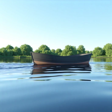 A barge with a sturdy hull and a streamlined design is moving through a calm river. The water is mirror-like, reflecting the clear blue sky and the surrounding greenery. The barge creates a gentle wake behind it, consisting of soft ripples that spread outwards in smooth lines. The scene captures the tranquility of the moment, highlighting the contrast between the barge's movement and the stillness of the water.