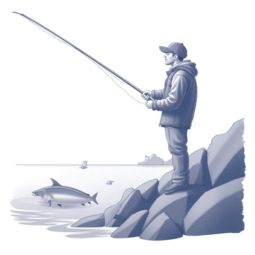 A determined fisherman stands on the edge of a rocky shore. He is holding a fishing rod with a firm grip, his body slightly leaning forward in anticipation. The fisherman wears a rugged jacket and a baseball cap, both showing signs of use. The early morning sky is illuminated with soft light, hinting at dawn. The water ripples gently around him, and a large fish is visible just beneath the surface, creating a sense of tension and excitement in the scene. The surrounding rocks are jagged, and a few sea birds can be seen in the distance, enhancing the atmosphere of the fishing location.