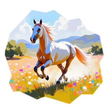 A horse displaying distinctive tribal markings on its coat is galloping through a vibrant, lush landscape. The horse's mane flows dramatically in the wind as it moves swiftly across a grassy meadow filled with wildflowers in various colors. The background features a backdrop of rolling hills and clusters of trees, with sunlight filtering through the leaves, casting dappled shadows on the ground. The scene is filled with the rich greens of vegetation and the blue of the sky above, creating a lively and dynamic atmosphere.