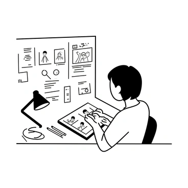 An illustrator sitting at a wooden desk, focused on drawing comic strips. The desk is cluttered with various sketches, notes, and a collection of pencils. The illustrator has short hair and is wearing a casual shirt. In front of them, a large sketchbook is opened, displaying characters and scenes from their comic. A small lamp on the desk illuminates the workspace, casting shadows across the papers.