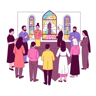 A diverse group of people is gathered inside a church, standing together in a circle. Each person has their hands clasped in prayer. The group consists of individuals of different ethnicities and ages, with some wearing traditional clothing while others are dressed in modern attire. In the background, there are stained glass windows depicting various religious symbols, casting colorful light across the scene. The atmosphere is solemn and respectful as they focus on their shared moment of prayer.