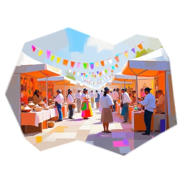 A vibrant heritage fair set in an open area filled with colorful booths. Each booth displays intricate and traditional attire, representing various cultures, with garments such as flowing skirts, embroidered tunics, and ornate headpieces. People are gathered, engaging in lively discussions while musicians play folk instruments, filling the air with rhythmic melodies. Nearby, artisans showcase their crafts, including handmade jewelry, woven baskets, and decorative pottery. The atmosphere is lively and festive, with banners and flags fluttering in the gentle breeze.