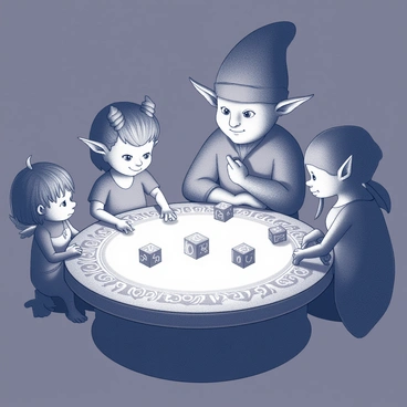 A group of enchanted creatures gathered around a table that emanates a soft glow. The table is intricately carved with mystical symbols and designs. Various creatures are present: a small fairy with delicate wings, a centaur with a noble posture, a gnome with a bushy beard, and an elegant elf, all intently focused on the dice. The dice are adorned with shimmering runes and are in mid-roll, creating an atmosphere of anticipation. The background is dimly lit, allowing the glow from the table to illuminate the faces of the creatures, highlighting their expressions of excitement and concentration.