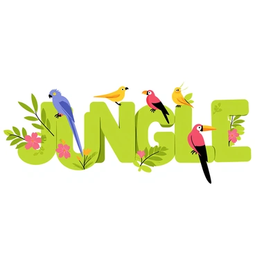 The word "jungle" is formed using thick, green letters intertwined with vibrant, dense foliage. Surrounding the letters are various exotic birds, including a bright blue parrot perched on the 'j', a yellow canary flying above the 'u', and a red toucan resting on the 'g'. The background is filled with lush green leaves and colorful flowers, enhancing the tropical atmosphere.