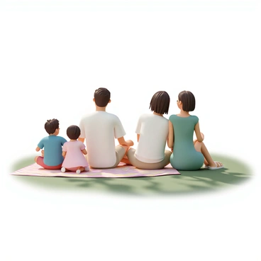 A family of four is sitting on a colorful picnic blanket spread out on a green grassy area in a park. There is a young boy, around six years old, wearing a blue t-shirt and red shorts, sitting cross-legged on the blanket. Next to him, a girl, about eight years old, wearing a pink dress and white sandals, is resting on her elbows. Their parents are sitting beside them; the father, wearing a white shirt and khaki shorts, is leaning back with a relaxed posture, while the mother, dressed in a green sundress, has her legs crossed and her hands clasped on her lap. All four family members have their faces turned away from the viewer, gazing towards a distant scene, with sunlight filtering through the trees above them, creating a warm and inviting atmosphere.