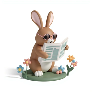 A hare, with soft brown fur and large ears, sitting on a small patch of green grass in a sunny garden. The hare is wearing stylish round glasses perched on its nose. In its paws, it holds a newspaper, intently looking at the pages. Surrounding the hare are colorful flowers blooming in various shades of red, yellow, and blue. The sunlight casts soft shadows on the ground, highlighting the hare’s features and the vibrant colors of the garden.