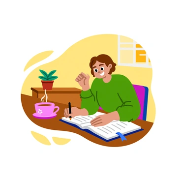 A person with short brown hair is sitting at a wooden table, focused on writing in an open journal. The journal is filled with neat handwriting and has a colorful cover. Beside the journal, there is a steaming cup of tea with a delicate floral design, releasing whiffs of steam into the air. The background features a cozy room with warm lighting, and a small potted plant sits on the table, adding a touch of greenery to the scene. The person's expression shows concentration and tranquility as they write.