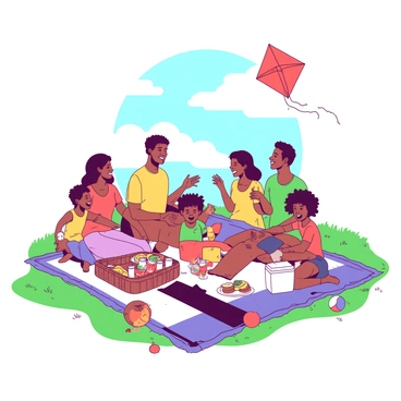A group of parents and children from various ethnic backgrounds is sitting on a large, colorful picnic blanket spread out on the green grass. The parents, a mix of different ethnicities, are smiling and engaging in conversation while the children are playing around them. Some children are flying a bright red kite in the blue sky, while others are laughing and sharing food from a large picnic basket. The picnic basket is filled with sandwiches, fruits, and drinks. Nearby, there is a small white cooler and a few vibrant beach balls scattered on the grass, adding to the lively atmosphere.