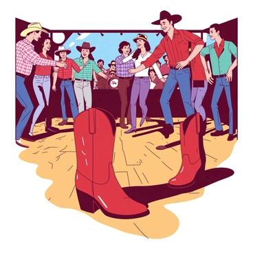 A pair of red cowboy boots are tapping rhythmically on a polished wooden dance floor. The floor is surrounded by a crowd of joyful dancers dressed in traditional country western attire, including plaid shirts and denim jeans. Bright lights illuminate the scene, casting playful shadows as the dancers sway and twirl. In the background, a band plays lively country music, adding to the vibrant atmosphere of the dance. The overall scene captures the energy and excitement of a spirited country western dance.