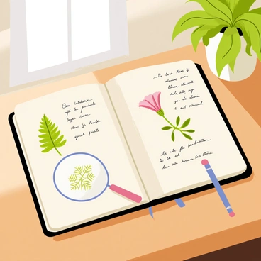 An open botanical journal with sketches of plants and handwritten notes.