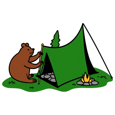 A wombat with brown fur and a round body is kneeling next to a partially set-up tent at a campsite. The tent is green and has one of its sides open, revealing the inside. Nearby, there is a small campfire with crackling flames, surrounded by a circle of rocks. The ground is covered in grass and scattered twigs, and a few trees can be seen in the background. The wombat is looking at the tent with focus, holding a tent peg in one paw while the other paw is pressing down on the tent fabric.