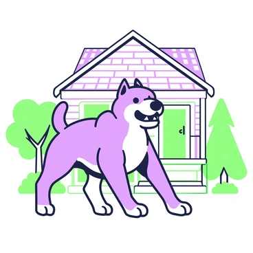 A large dog is standing in a fierce stance in front of a house. The dog has a thick, muscular build and is growling with its teeth bared. Its fur appears well-groomed and fluffed up, enhancing its imposing presence. The dog’s ears are perked up, and its eyes are intense, focused on an unseen threat. In the background, there is a modest home with a porch, framed by a well-maintained yard. A few trees can be seen to the sides, completing the scene of protection and vigilance.