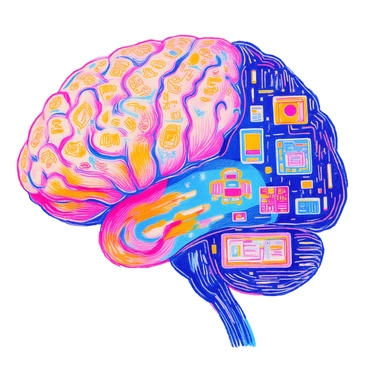 A blend of ancient hieroglyphs and modern tech elements forming a brain