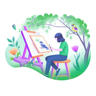 A modern pastel illustration depicting an artist sitting on a wooden stool in a lush garden. The artist is focused on observing and drawing birds, with a sketchbook placed on their lap and a pencil in hand. The illustration board is 1/16 in size, leaning against a small easel next to the artist. Surrounding them are colorful flowers and greenery, with various birds perched on nearby branches. The soft sunlight filters through the leaves, creating dappled patterns on the ground.
