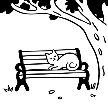 A sleepy cat curled up on a sunny park bench