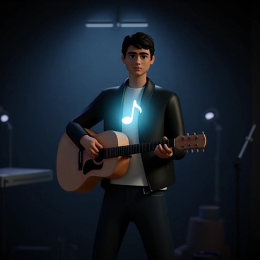 A musician, wearing a black leather jacket and dark jeans, stands backstage in a dimly lit environment. They are holding an acoustic guitar close to their body. A glowing musical note, radiating a soft blue light, hovers just above their heart, symbolizing their gut feeling before performing. The musician has a focused expression, with their eyes looking slightly down, as if lost in thought. The background features faint silhouettes of equipment and soft lights, creating an atmosphere of anticipation.