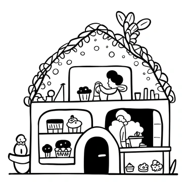 A tiny bakery with intricate, vine-covered architecture, featuring delicate fairy lights twinkling around the roof. Inside, fairies with translucent wings are busy at various tasks. One fairy is pouring a mixture into a cupcake mold, while another sprinkles colorful toppings on freshly baked cookies. A large display window showcases an array of beautifully arranged cupcakes and cookies, each uniquely decorated. The warm glow of a small oven is visible in the background, and tiny baking tools are scattered across a wooden countertop. The scene is filled with a sense of bustling activity and the charm of fairy craftsmanship.