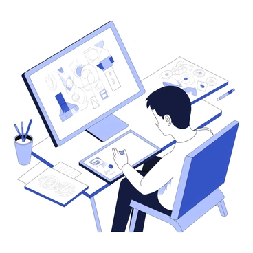 An artist is sitting at a desk, intently focused on creating vector illustrations on a computer. The computer screen displays various geometric shapes, such as circles, squares, and triangles, arranged in an intricate design. The artist is using a stylus on a graphics tablet, with the hand positioned poised above the tablet. Around the desk, there are sketchbooks filled with rough drafts, a cup of pens, and a few art supplies scattered about. The workspace is organized yet filled with creative energy.