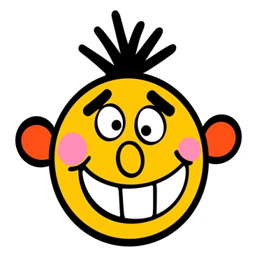 A cartoon-style face with large, expressive eyes and an oversized mouth displaying a wide grin. The face has bright, colorful skin, with rosy cheeks and a button nose. The eyebrows are dramatically arched, adding to the exaggerated expression. There are large, round ears on either side of the head, and a tuft of wild, spiky hair sits on top, adding to the playful character of the face.