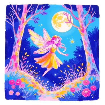 A fairy with dark, tattered wings is hovering in a moonlit forest. The fairy has long flowing hair that glistens under the moonlight, and she wears a dress made of shimmering leaves. Surrounding her are tall trees with gnarled trunks and bright green leaves illuminated by the pale light. The forest floor is covered with soft moss and scattered wildflowers. In the background, a full moon shines brightly, casting intricate shadows among the trees. Small fireflies can be seen glowing gently around her, adding to the enchanting atmosphere.