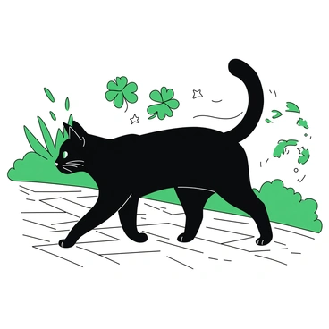 A black cat crossing a person's path with good luck symbols following in its wake