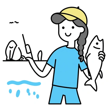A young girl with braided hair is standing by a lake, wearing a bright yellow cap and a light blue t-shirt. She is holding a fishing rod in one hand and proudly displaying a large catfish in the other hand. The catfish is glistening in the sunlight, showcasing its scales. The girl has a big smile on her face as she looks at the camera. The background features gentle ripples on the water and a few trees lining the shore.