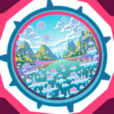A vibrant world viewed through a kaleidoscope, filled with intricate geometric patterns and an array of ever-changing colors. The scene features an explosion of red, blue, yellow, and green hues that intertwine and shift fluidly. Various shapes, such as triangles, circles, and hexagons, reflect and refract light, creating a dazzling display. The background is a blurred representation of lively landscapes that are fragmented and distorted by the kaleidoscopic effect. Each section reveals glimpses of nature, architecture, and abstract designs, all transforming seamlessly into one another.