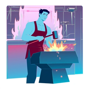 A skilled blacksmith with a muscular build and a focused expression is positioned at an anvil. He has short, dark hair and is wearing a leather apron over a simple shirt. Sparks fly from the hammer as he strikes a glowing piece of metal, which radiates a bright orange and yellow light. The forge behind him is filled with flames and smoke, illuminating the scene with an intense, warm glow. Tools and weapons hang on the walls, and the floor is scattered with metal shavings, showcasing a busy workspace.