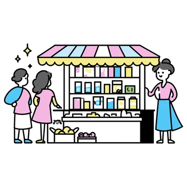 A small sari-sari store with a wooden structure and a colorful awning. The owner, a middle-aged woman, is wearing a traditional blouse and a long skirt, standing behind the counter. The shelves are filled with local snacks and goods, including bags of chips, candies, and canned goods. The store has a few baskets filled with fresh fruits at the entrance. The atmosphere is lively with customers browsing and chatting.