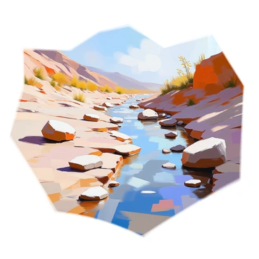A dried-up riverbed is prominently displayed, featuring distinct layers of sediment that reveal a variety of colors and textures. Ancient stones of various sizes, some smooth and others jagged, are scattered throughout the scene, hinting at the river's long history. In the background, the riverbanks rise gently, showcasing sparse vegetation that clings to life in the arid environment. The sunlight casts shadows across the sediment layers, emphasizing their contours and creating a stark contrast in this once flowing landscape.