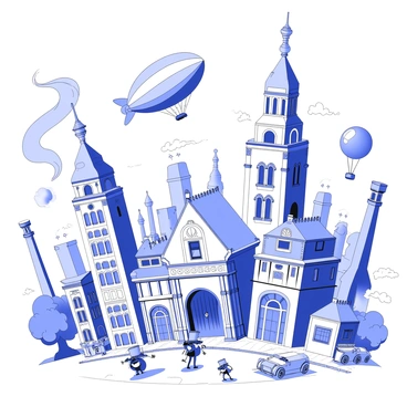 A steampunk-inspired cityscape is depicted with intricate architecture featuring brass and copper elements. Towering buildings have gears and pipes along their facades, showcasing a blend of Victorian and industrial designs. Airships are floating above, with large balloons and propellers, casting shadows over the city. The sky is filled with swirling vapor and smoke, creating a dynamic atmosphere around the scene. Below, streets are bustling with figures dressed in steampunk attire, complete with goggles and top hats, moving among various steam-powered vehicles.