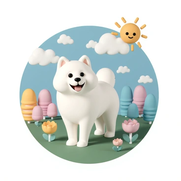 A cartoon-style scene featuring a Samoyed in a world of bright, exaggerated colors and shapes