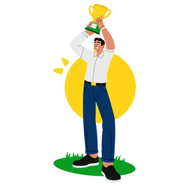 A man with short dark hair is standing proudly, holding a shiny golf trophy high above his head. He is dressed in a stylish golf outfit, featuring a collared shirt and tailored pants. His left hand is positioned on the golf grip, showcasing the proper grip technique. The background includes a grassy golf course with a few trees in the distance. The sun is shining brightly, casting a warm light on the scene, enhancing the vibrant colors of his outfit and the trophy.