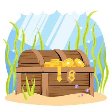 A sunken treasure chest made of aged, weathered wood sits at the base of a lush kelp forest. The chest is partially open, revealing glimmers of gold coins and sparkling jewels inside. Surrounding the chest, tall green kelp fronds sway gently in the water currents, casting dappled shadows. Small colorful fish dart around the kelp, adding life to the underwater scene. Sunlight filters through the water above, illuminating the treasure and creating a magical atmosphere.