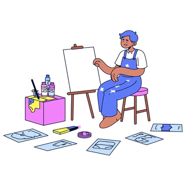 An artist sitting next to an illustration box, deeply focused on their canvas, surrounded by sketches and colors.