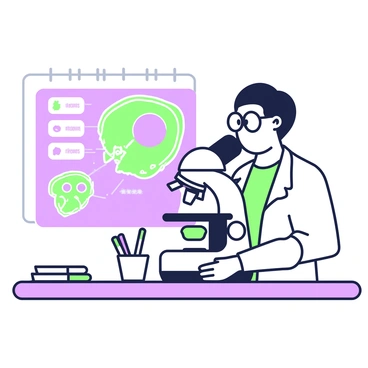 A scientist wearing glasses and a lab coat is standing at a laboratory table, closely observing an animal cell through a microscope. The microscope has a polished surface and is positioned on the right side of the table. In the background, there is an illustrated labeled diagram of an animal cell featuring distinct organelles such as a nucleus, mitochondria, and ribosomes. The diagram is mounted on the wall behind the scientist, presenting clear labels next to each organelle. A notebook and a set of colored pens are placed on the table beside the microscope, indicating the scientist's active research.